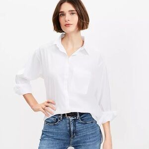 LOFT White Cotton Blend Everyday Button Down Shirt